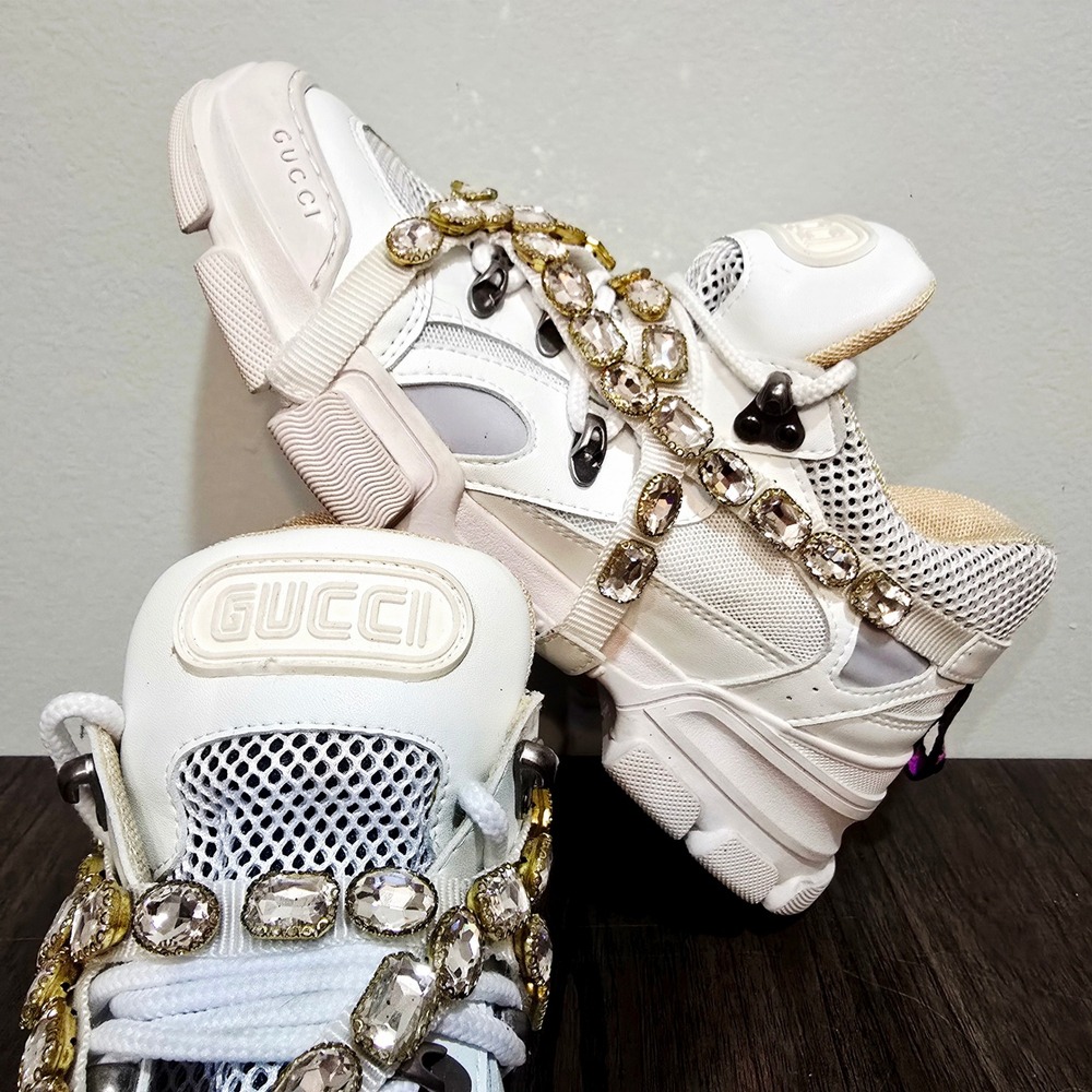 Gucci Flashtrek White Leather Mesh Crystal Sneakers 543279 Womens